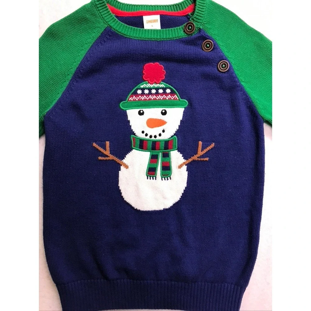 Gymboree‎ Kids Size 6 Snowman Cotton Knit Sweater Blue Green Holiday Christmas